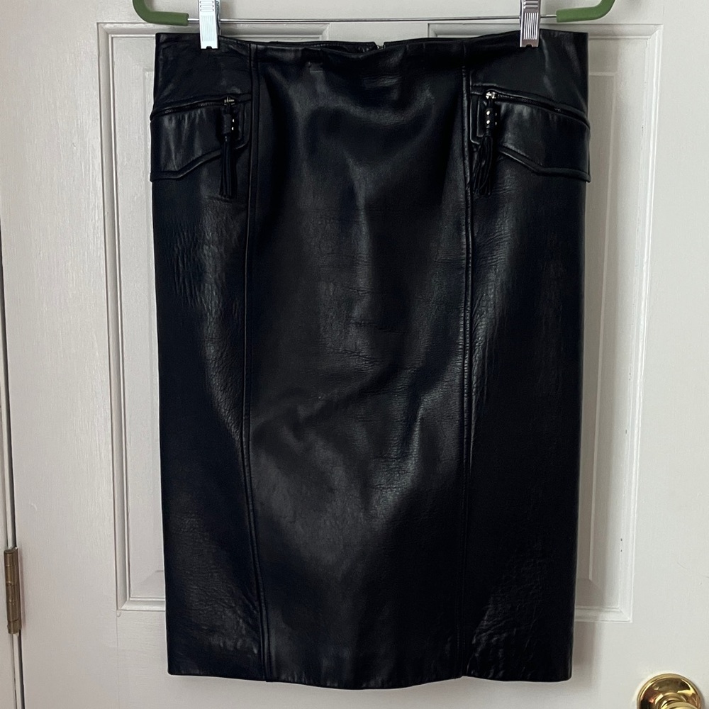 Yves Saint Laurent Black Leather Pencil Skirt tassel pockets sz 12 (42) vintage